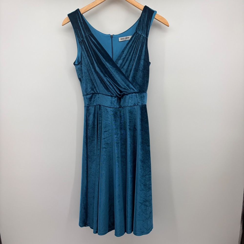 Grace Karin Dress Womens S Teal Velvet Surplice V-Neck Fit & Flare Cocktail
